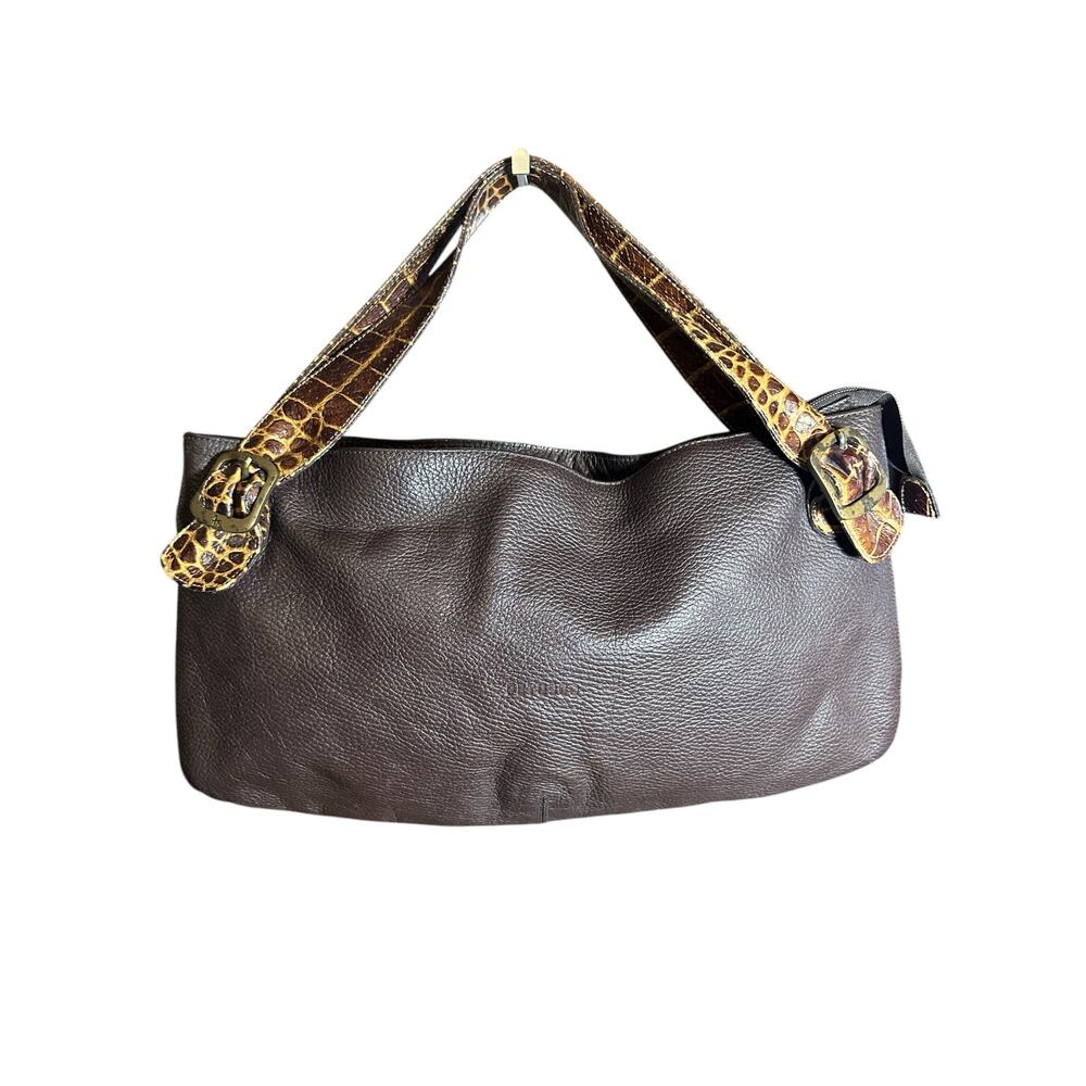 Petusco leather made in Spain Shoulder Bag tote brown w/ croc handles buckle